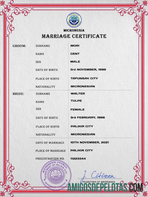 Imprimível modelo PSD de certidão de casamento da Micronésia